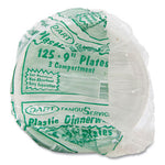 Plastic Plates, 3-Compartment, 9" dia, White, 125/Pack, 4 Packs/Carton
