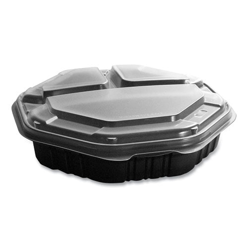 OctaView Hinged-Lid Hot Food Containers, 3-Compartment, 38 oz, 9.55 x 9.1 x 2.4, Black/Clear, Plastic, 100/Carton