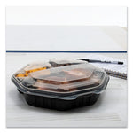 OctaView Hinged-Lid Hot Food Containers, 3-Compartment, 38 oz, 9.55 x 9.1 x 2.4, Black/Clear, Plastic, 100/Carton