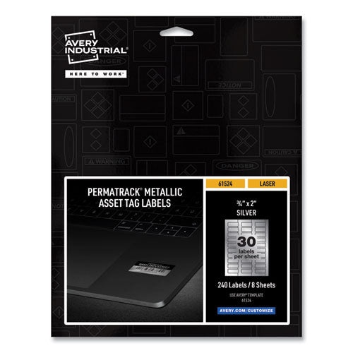 PermaTrack Metallic Asset Tag Labels, Laser Printers, 0.75 x 2, Metallic Silver, 30/Sheet, 8 Sheets/Pack