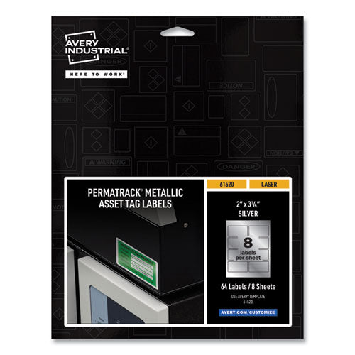 PermaTrack Metallic Asset Tag Labels, Laser Printers, 2 x 3.75, Silver, 8/Sheet, 8 Sheets/Pack