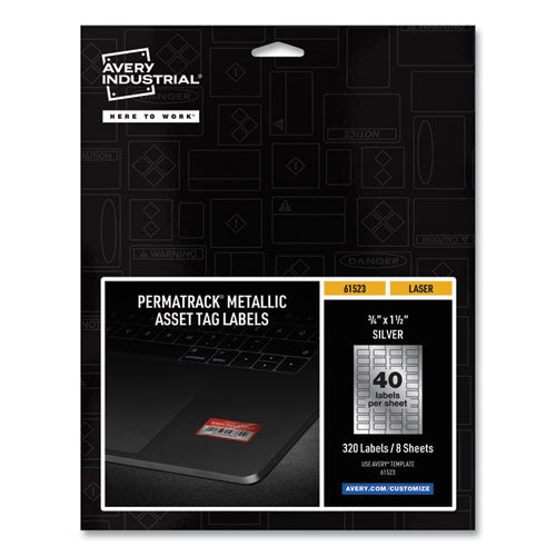 PermaTrack Metallic Asset Tag Labels, Laser Printers, 0.75 x 1.5, Metallic Silver, 40/Sheet, 8 Sheets/Pack