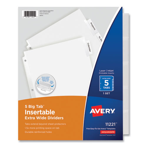 Insertable Big Tab Dividers, 5-Tab, Single-Sided Copper Edge Reinforcing, 11.13 x 9.25, White, Clear Tabs, 1 Set