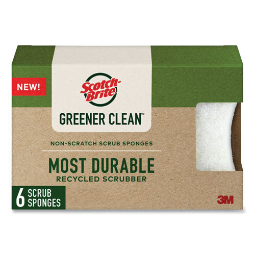 Greener Clean Non-Scratch Scrub Sponge, 2.6 x 3.3, 0.7" Thick, White, 6/Pack