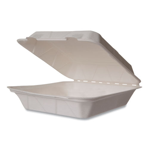 White Molded Fiber Clamshell Containers, 9 x 18 x 2, White, Sugarcane, 200/Carton