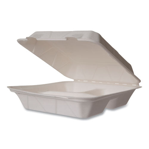 Nourish Molded Fiber Takeout Containers, 3-Compartment, 5 x 9 x 2, White, Sugarcane, 200/Carton