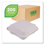 Vanguard Renewable and Compostable Sugarcane Clamshells, 1-Compartment, 8 x 8 x 3, White, 200/Carton