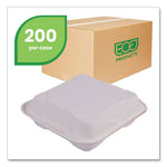 Bagasse Hinged Clamshell Containers, 9 x 9 x 3, White, Sugarcane, 50/Pack, 4 Packs/Carton