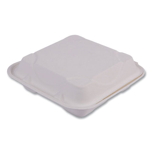 Bagasse Hinged Clamshell Containers, 3-Compartment, 9 x 9 x 3, White, Sugarcane, 50/Pack, 4 Packs/Carton