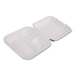 Bagasse Hinged Clamshell Containers, 3-Compartment, 9 x 9 x 3, White, Sugarcane, 50/Pack, 4 Packs/Carton