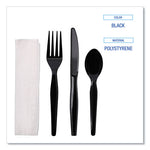 Four-Piece Cutlery Kit, Fork/Knife/Napkin/Teaspoon, Heavyweight, Black, 250/Carton