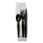 Four-Piece Cutlery Kit, Fork/Knife/Napkin/Teaspoon, Heavyweight, Black, 250/Carton