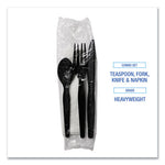 Four-Piece Cutlery Kit, Fork/Knife/Napkin/Teaspoon, Heavyweight, Black, 250/Carton