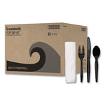 Four-Piece Cutlery Kit, Fork/Knife/Napkin/Teaspoon, Black, 250/Carton