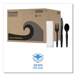 Four-Piece Cutlery Kit, Fork/Knife/Napkin/Teaspoon, Black, 250/Carton