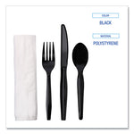 Four-Piece Cutlery Kit, Fork/Knife/Napkin/Teaspoon, Black, 250/Carton