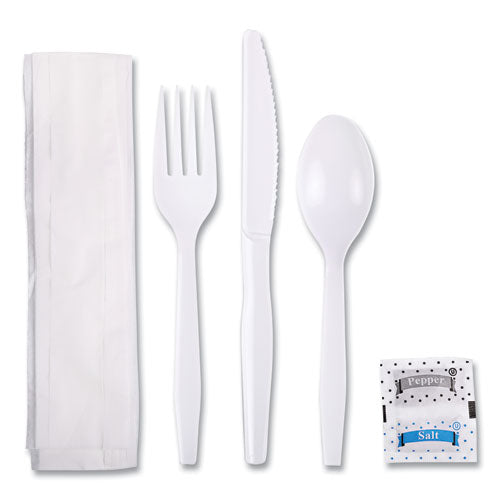 Six-Piece Cutlery Kit, Condiment/Fork/Knife/Napkin/Teaspoon, White, 250/Carton