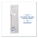 Six-Piece Cutlery Kit, Condiment/Fork/Knife/Napkin/Teaspoon, White, 250/Carton