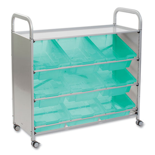 Callero Tilted Tray Trolley Set 01, Antimicrobial, Metal, 9 F2 Deep Bins, 40.6" x 17.3" x 41.5", Silver/Translucent Kiwi