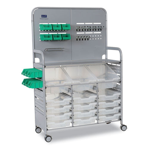 Callero MakerSpace Trolley Set 01, Metal, 1 Shelf, 12 F1 Bins, 3 F2 Bins, 42.9" x 17.3" x 61.8", Silver/Translucent Frost