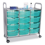 Callero Plus 3-Column Trolley Set 13, Antimicrobial, Metal, 12 F2 Deep Bins, 40.6" x 17.3" x 41.5", Silver/Translucent Kiwi