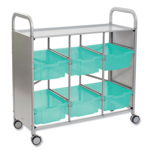 Callero Plus 3-Column Trolley Set 16, Antimicrobial, Metal, 6 F2 Deep Bins, 40.6" x 17.3" x 41.5", Silver/Translucent Kiwi