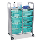 Callero Plus Shield Double Trolley Set 13, Antimicrobial, Metal, 8 F2 Deep Bins, 27.4" x 17.3" x 41.5", Silver/Trans Kiwi