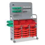 Callero MakerSpace Trolley Set 1, Metal, 1 Shelf, 12 F1 Shallow Bins, 3 F2 Deep Bins, 42.9" x 17.3" x 61.8", Silver/Flame Red