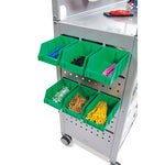 Callero MakerSpace Trolley Set 1, Metal, 1 Shelf, 12 F1 Shallow Bins, 3 F2 Deep Bins, 42.9" x 17.3" x 61.8", Silver/Flame Red