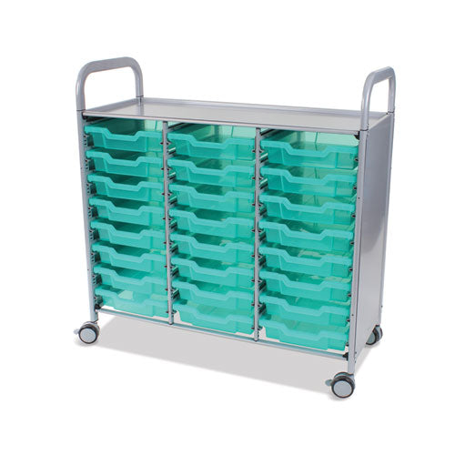 Callero Plus Shield Treble Trolley Set 03, Antimicrobial, Metal, 24 F1 Shallow Bins, 40.6" x 17.3" x 41.5", Silver/Trans Kiwi