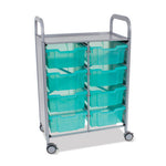 Callero Plus Shield Double Trolley Set 13, Antimicrobial, Metal, 8 F2 Deep Bins, 27.4" x 17.3" x 41.5", Silver/Trans Kiwi