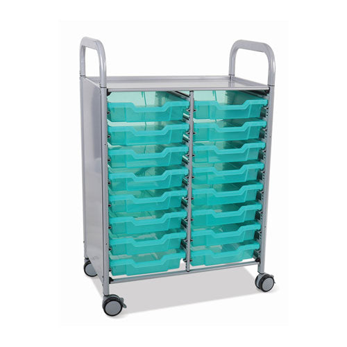 Callero Plus Shield Double Trolley Set 05, Antimicrobial, Metal, 16 F1 Shallow Bins, 27.4" x 17.3" x 41.5", Silver/Trans Kiwi