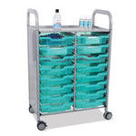 Callero Plus Shield Double Trolley Set 05, Antimicrobial, Metal, 16 F1 Shallow Bins, 27.4" x 17.3" x 41.5", Silver/Trans Kiwi