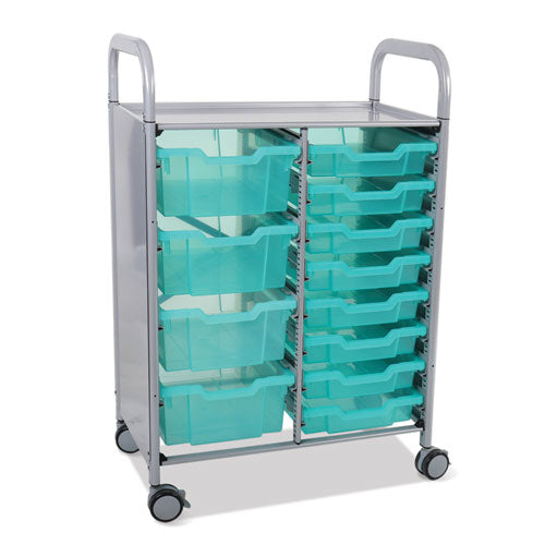 Callero Plus Shield Double Trolley Set 18, Antimicrobial, Metal, 8 F1 Bins, 4 F2 Bins, 27.4 x 17.3 x 41.5, Silver/Trans Kiwi