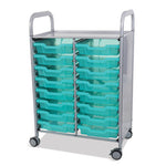 Callero Plus Shield Double Trolley Set 05, Antimicrobial, Metal, 16 F1 Shallow Bins, 27.4" x 17.3" x 41.5", Silver/Trans Kiwi