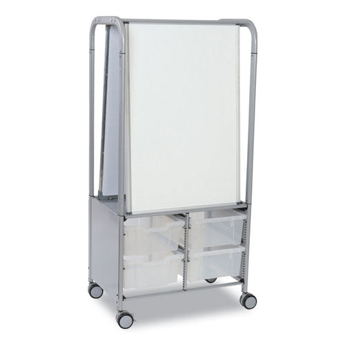 Callero MakerHub Trolley Set 01, Metal, (2) Magnetic Whiteboards, (4) F2 Deep Bins, 27.4" x 17.3" x 56.3", Silver/Trans Frost