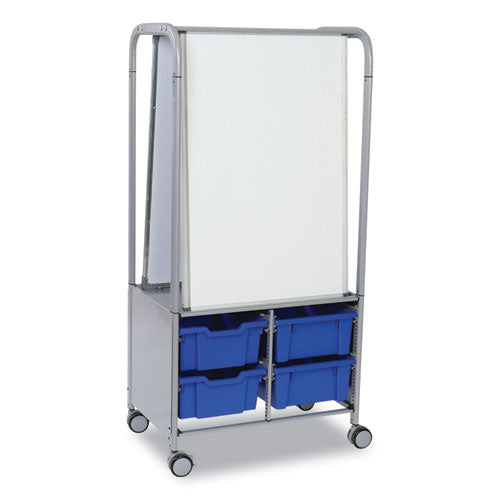 Callero MakerHub Trolley Set 01, Metal, (2) Magnetic Whiteboards, (4) F2 Deep Bins, 27.4" x 17.3" x 56.3", Silver/Royal Blue