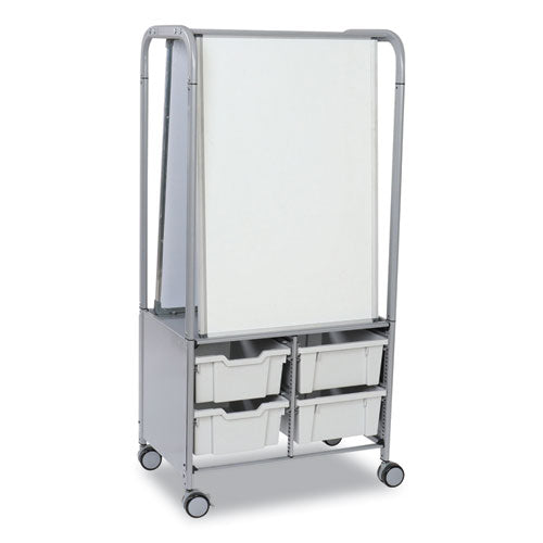 Callero MakerHub Trolley Set 01, Metal, (2) Magnetic Whiteboards, (4) F2 Deep Bins, 27.4" x 17.3" x 56.3", Silver/Light Gray