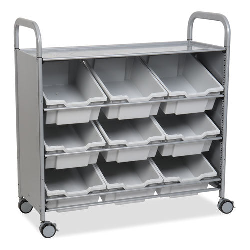 Callero Tilted Tray Trolley Set 01, Metal, 1 Shelf, 9 F2 Deep Bins, 40.6" x 17.3" x 41.5", Silver/Light Gray