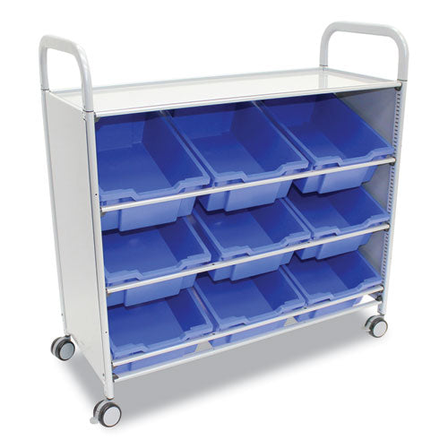 Callero Tilted Tray Trolley Set 01, Metal, 1 Shelf, 9 F2 Deep Bins, 40.6" x 17.3" x 41.5", Silver/Royal Blue