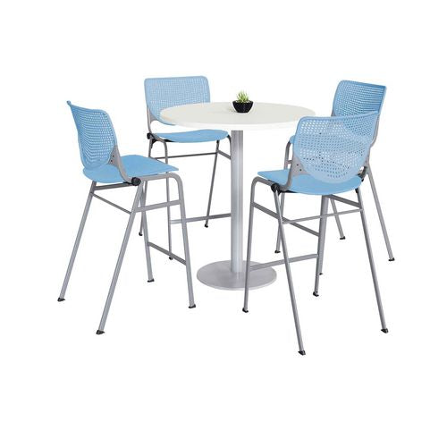 Pedestal Bistro Table with Four Sky Blue Kool Series Barstools, Round, 36" Dia x 41h, Designer White