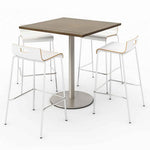 Pedestal Bistro Table with Four White Jive Series Barstools, Square, 36 x 36 x 41, Studio Teak