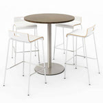 Pedestal Bistro Table with Four White Jive Series Barstools, Round, 36" Dia x 41h, Studio Teak