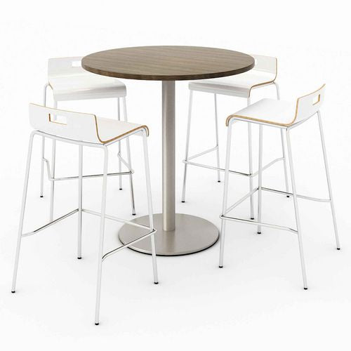 Pedestal Bistro Table with Four White Jive Series Barstools, Round, 36" Dia x 41h, Studio Teak