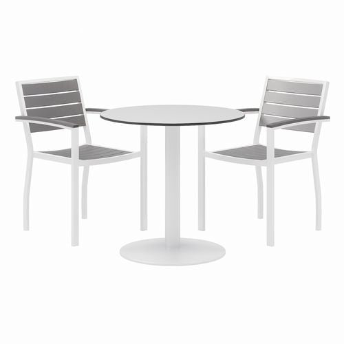 Eveleen Outdoor Patio Table with Two Gray Powder-Coated Polymer Chairs, 30" Dia x 29h, Designer White