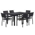 Eveleen Outdoor Patio Table with Six Black Powder-Coated Polymer Chairs, 32 x 55 x 29, Black