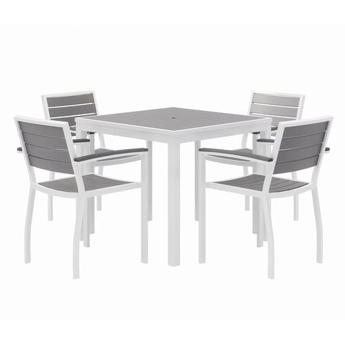 Eveleen Outdoor Patio Table with Four Gray Powder-Coated Polymer Chairs, 32" Square, Gray