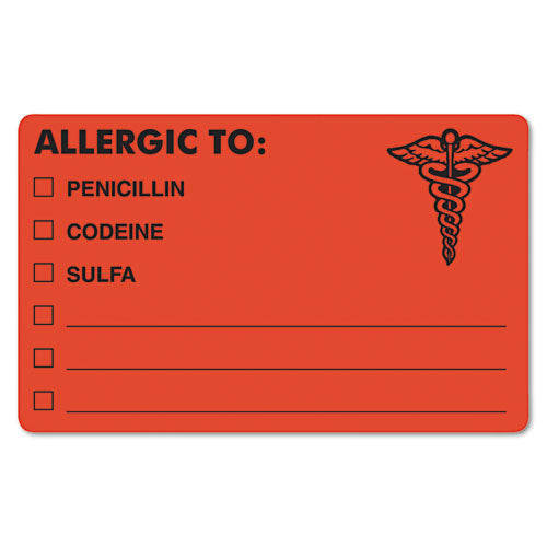 Allergy Warning Labels, ALLERGIC TO: PENICILLN, CODEINE, SULFA, 2.5 x 4, Fluorescent Red, 100/Roll