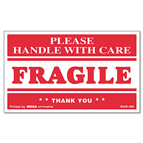 Printed Message Self-Adhesive Shipping Labels, FRAGILE Handle with Care, 3 x 5, Red/Clear, 500/Roll