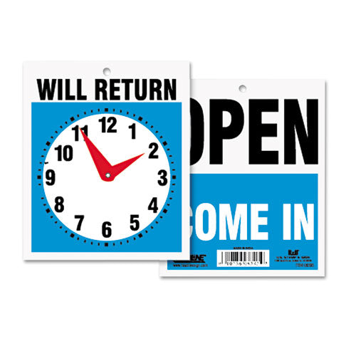 Double-Sided Open/Will Return Sign with Clock Hands, Plastic, 7.5 x 9